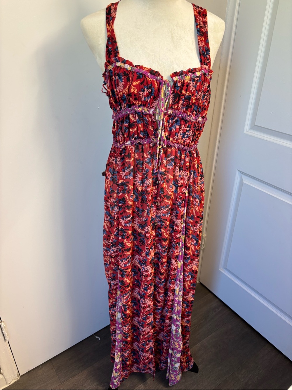 Free People Red Floral Maxi Dress with Pink and Purple Trim